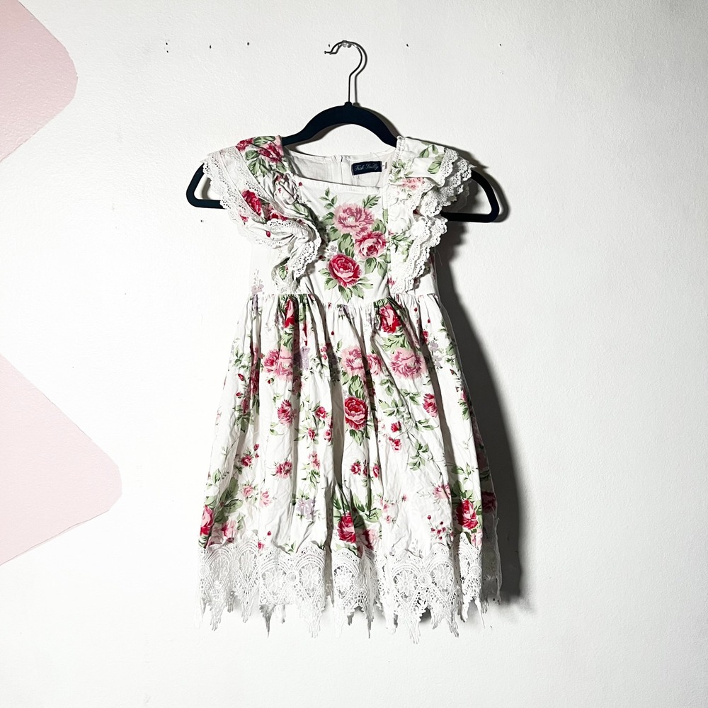Trish Scully Girls Dress Size 7 White Floral Lace Flutter Sleeve